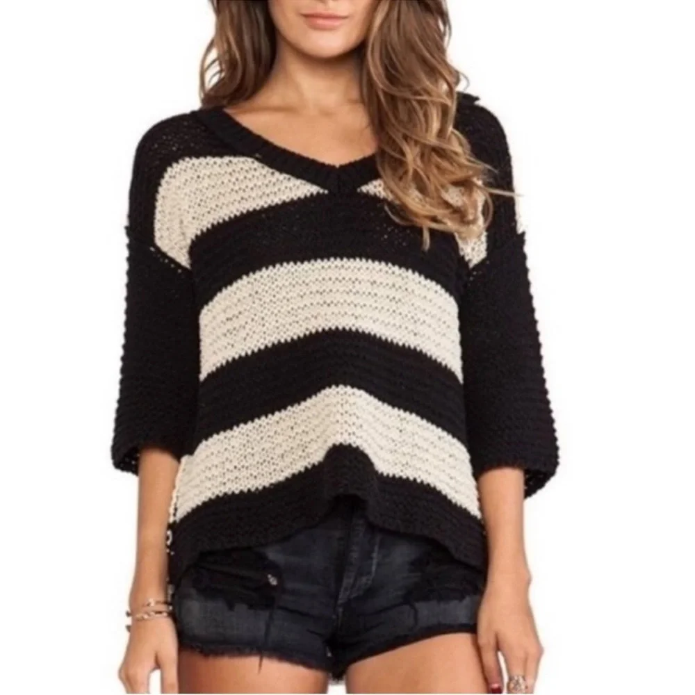 FREE PEOPLE Striped Oversized Black/Tan Crème de le Crème Sweater SZ: M - Picture 1 of 3